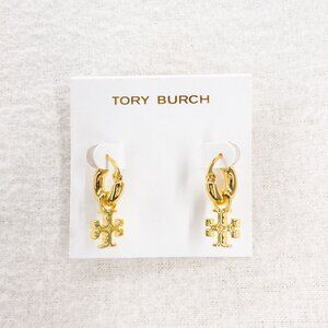 Tory Burch Kira Logo Drop Huggie Hoop Earrings Gold OS